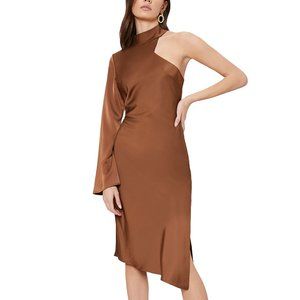 Brown Asymmetrical one shoulder midi dress.
